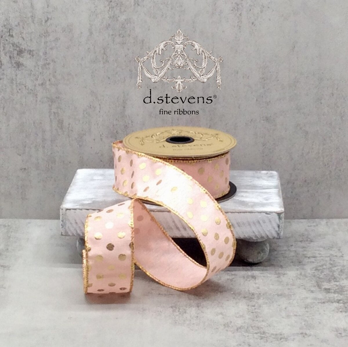 1.5” X 10YDS FAUX DUPION GOLD METALLIC POLKA DOT, LIGHT PEACH WIRED RIBBON - Burlap and Bling Decor