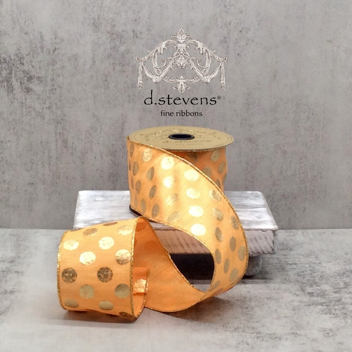 2.5” X 10YDS FAUX DUPION GOLD METALLIC POLKA DOT, LIGHT ORANGE WIRED RIBBON - Burlap and Bling Decor