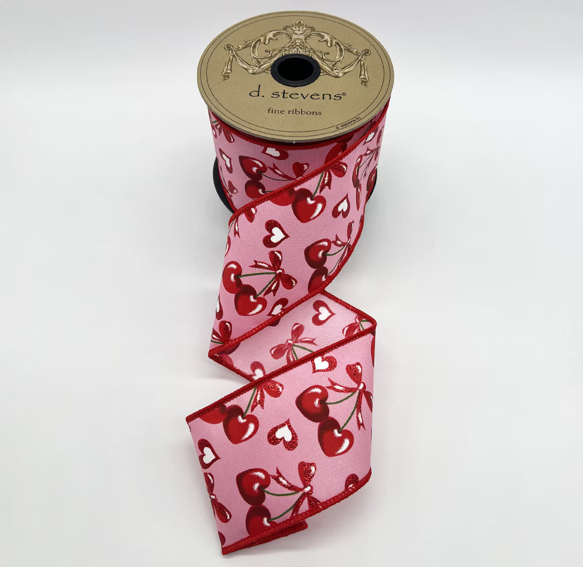 2.5“ X 10YDS POPLIN HEART SHAPE CHERRIES GLITTER BOW, PINK RED WIRED RIBBON - Burlap and Bling Decor