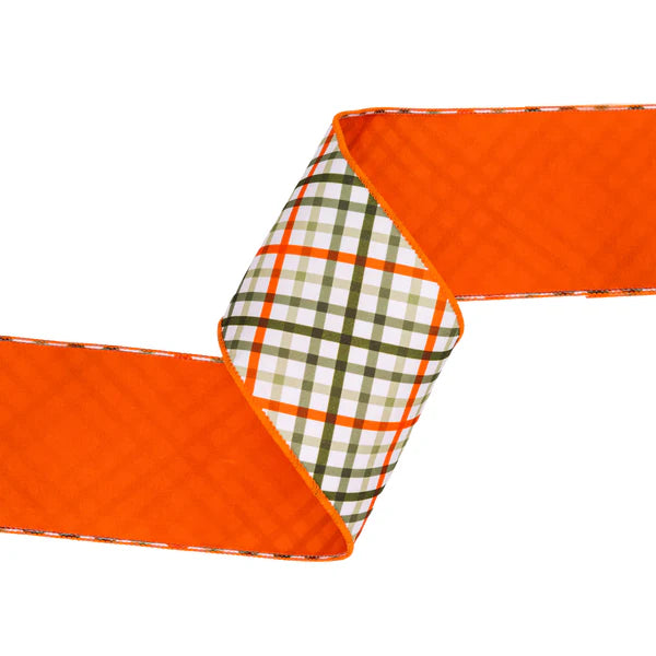 4" X 10YDS DUPIONI/GARDEN BIAS PLAID W/ORANGE BACK WIRED RIBBON WIRED RIBBON - Burlap and Bling Decor