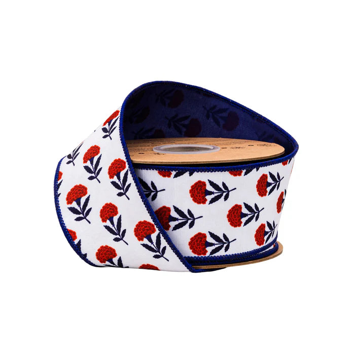 2.5 x 10 yrds Dupioni Ribbon | Red/White/Blue Floral w/ Blue Backing wired Ribbon - Burlap and Bling Decor