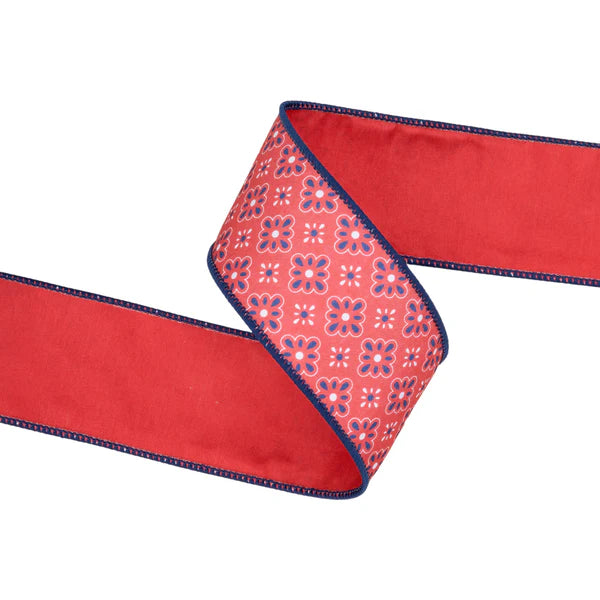 2.5"X 10YDS DUPIONI/RED/WHITE/BLUE DIAMOND FLORAL W/RED BACK WIRED RIBBON WIRED RIBBON - Burlap and Bling Decor