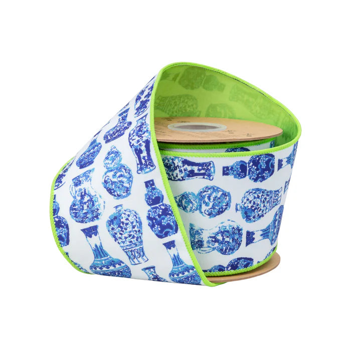 4" X 10YDS DUPIONI/ BLUE/WHITE CHINA POTS W/LIME GREEN BACK WIRED RIBBON WIRED RIBBON - Burlap and Bling Decor