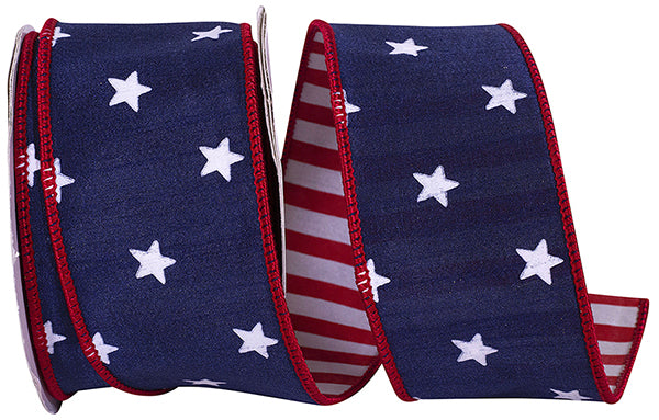 2.5"x10 yds NAVY/RED STARS DUPIONI DELUXE STRIPED BACKING WIRED EDGE