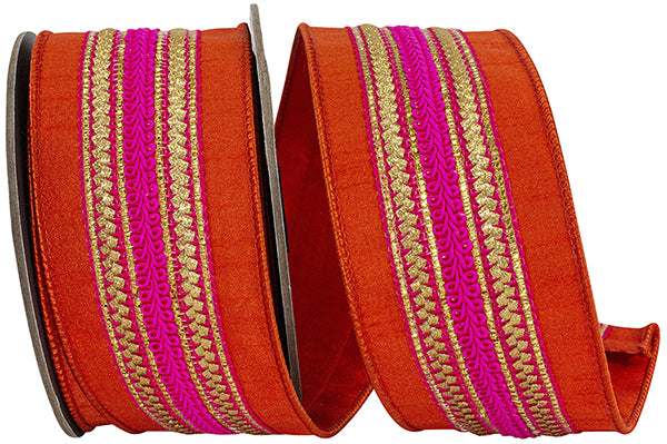 2.5" X 5 yds REGAL STRIPE ORANGE TRIMMING DUPIONI DELUXE WIRED EDGE - Burlap and Bling Decor