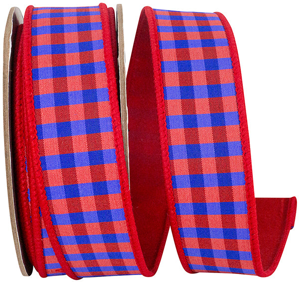 1.5" X 10 Yrds RED AND BLUE CHECK DELUXE RED DUPIONI BACKED WIRED RIBBON - Burlap and Bling Decor