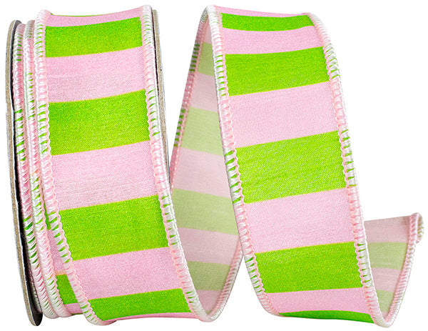 1.5" x 10 Yards CABANA STRIPED DUPIONI DELUXE-PNK/LIME - Burlap and Bling Decor