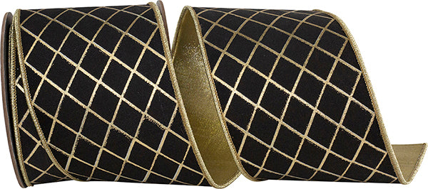 4" X 10YDs Ribbon • Diamond Stripes Deluxe Wired Edge Ribbon Black/gold