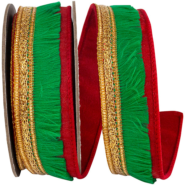 1" X 5YDS Ribbon - Fringe Trimming Deluxe Dupioni Backed Wired Edge Ribbon, Green/red
