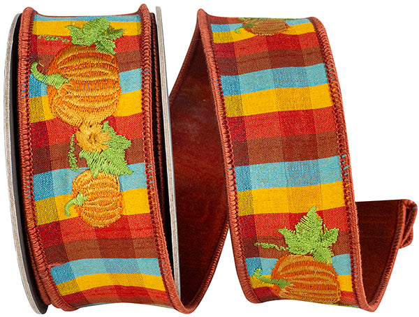 1.5" X 5 YRDS PUMPKIN EMBROIDERY TONAL PLAID DUPIONI BACKED WIRED RIBBON