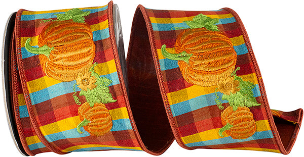 2.5" X 5 YRDS PUMPKIN EMBROIDERY TONAL PLAID DUPIONI BACKED WIRED RIBBON