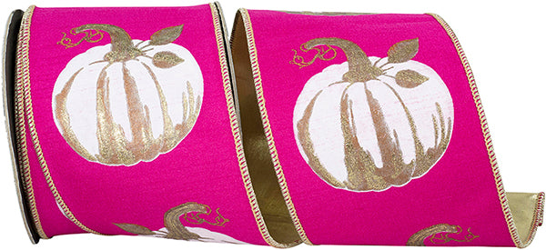 4" X 10YDS Ribbon - White Glided Pumpkin Deluxe Wired Edge Ribbon. Fuchsia