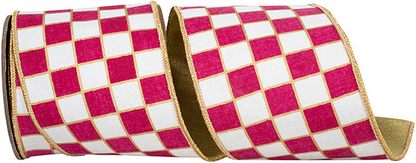 4" X 5 YARDS GILDED CHECK OUTLINED DELUXE METALLIC BACKED RIBBON FUCHSIA/WHITE Wired Ribbon - Burlap and Bling Decor