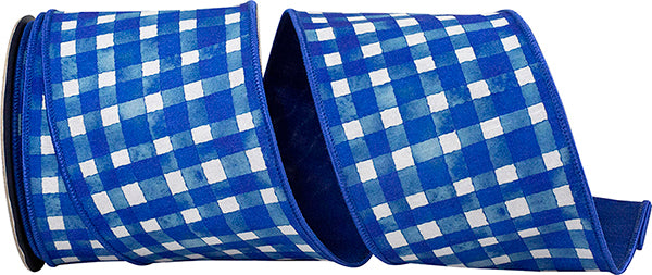 4" X 10 YARDS WATERCOLOR CHECK DELUXE DUPIONI BACKED RIBBON ROYAL Wired Ribbon - Burlap and Bling Decor