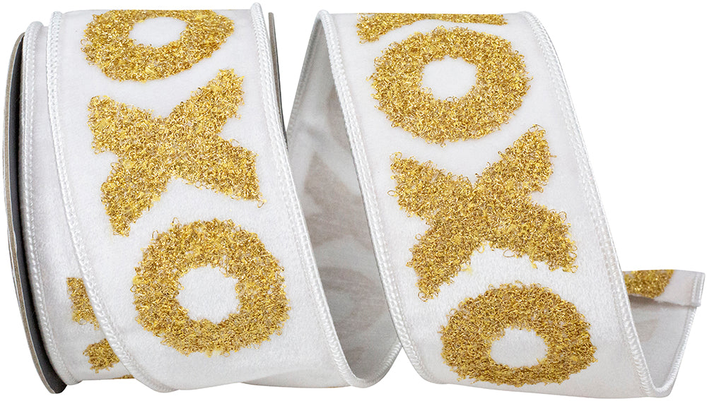 2.5" 5 YARDS XO HUGS AND KISSES EMBROIDERY DELUXE BACKED RIBBON WHITE/GOLD Wired Ribbon - Burlap and Bling Decor