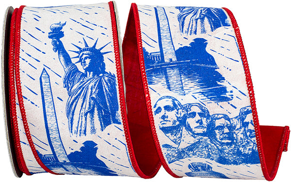 2.5" X 10YRD TOILE PATRIOTIC AMERICANA/ RED BACKED WIRED RIBBON - Burlap and Bling Decor