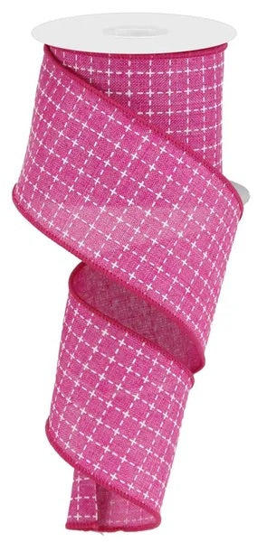 2.5"X10YDS RAISED STITCHED SQUARES/ROYAL FUCHSIA/WHITE WIRED RIBBON - Burlap and Bling Decor