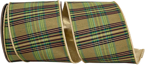 4" X 10YDS Ribbon - Willow Plaid Fused Metallic Dupioni Backed Wired Edge Ribbon, Moss