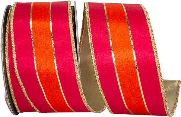 2.5"X10YDS Sassy Stripes Satin Fused Gold Backed Wired Ribbon, Fuchsia/orange - Burlap and Bling Decor
