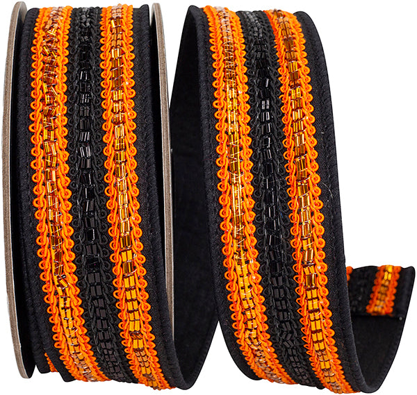 1.5" X 5YDS Ribbon • Trimming Lines Deluxe Fused Backed Wired Edge Ribbon, Black/orange