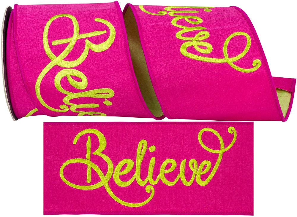 4" X 5YDS Ribbon - Believe Embroidery Dupioni Fused Lime Dupioni Backed Wired Edge Ribbon, Fuchsia/lime