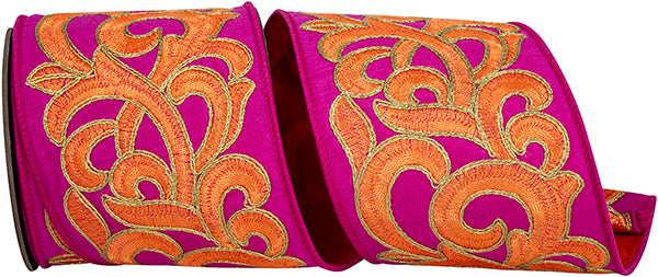 4" X 5 YDS Ribbon • Scroll Embroidery Intertwined Fused Backed Wired Edge Ribbon, Fuchsia/orange