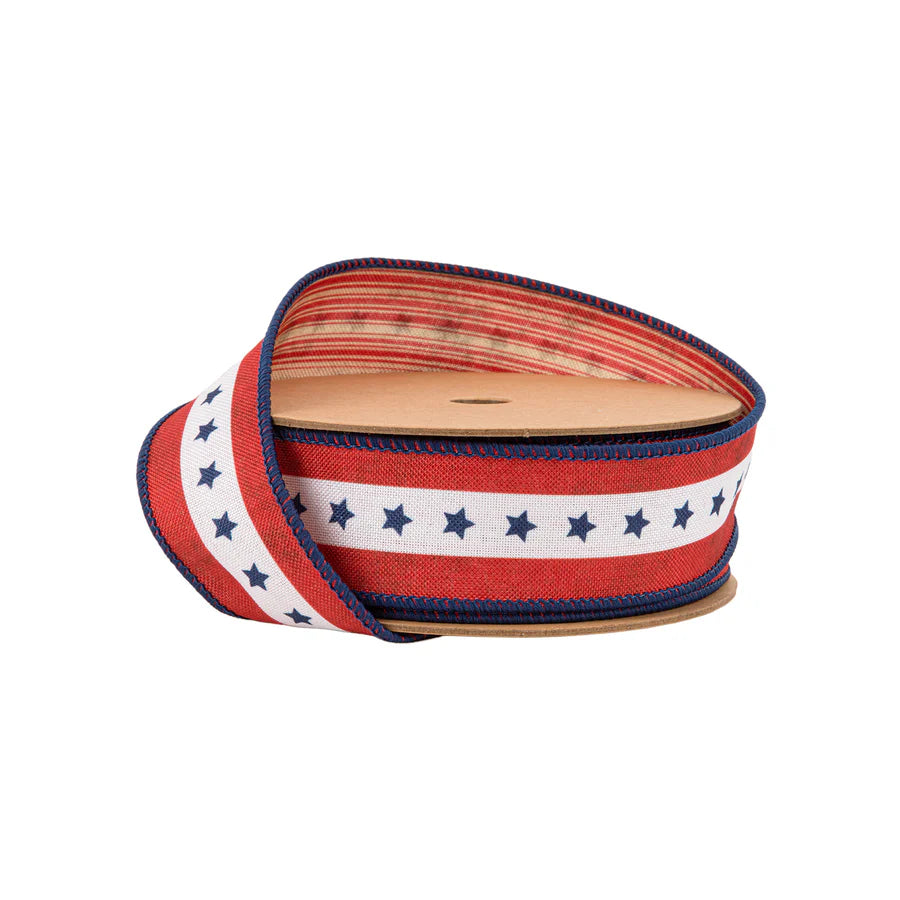 1 1/2" X 10YD Wired Ribbon Natural Patriotic Blue Star