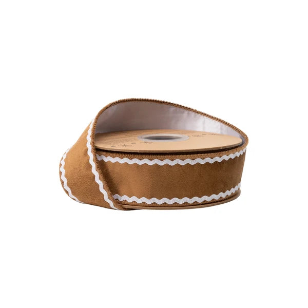 1.5"X10YDS VELVET GINGERBREAD W/ WHITE BACKING WIRED RIBBON