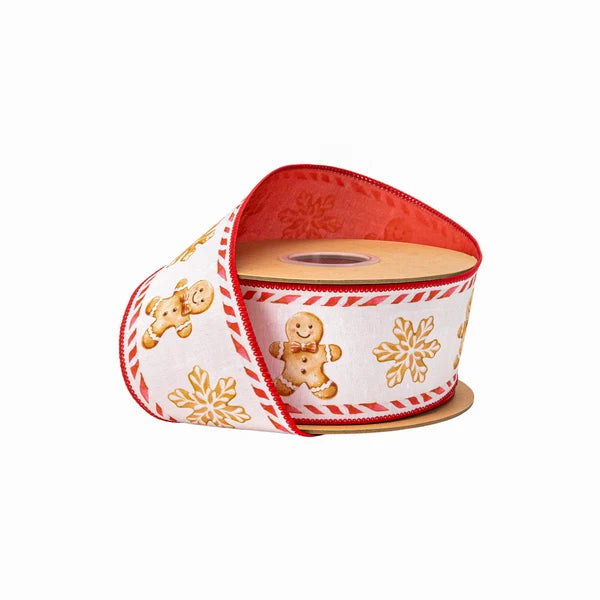 2.5"X10YDS DUPIONI GINGERBREAD COOKIES ON WHITE W/ RED BACKING WIRED RIBBON