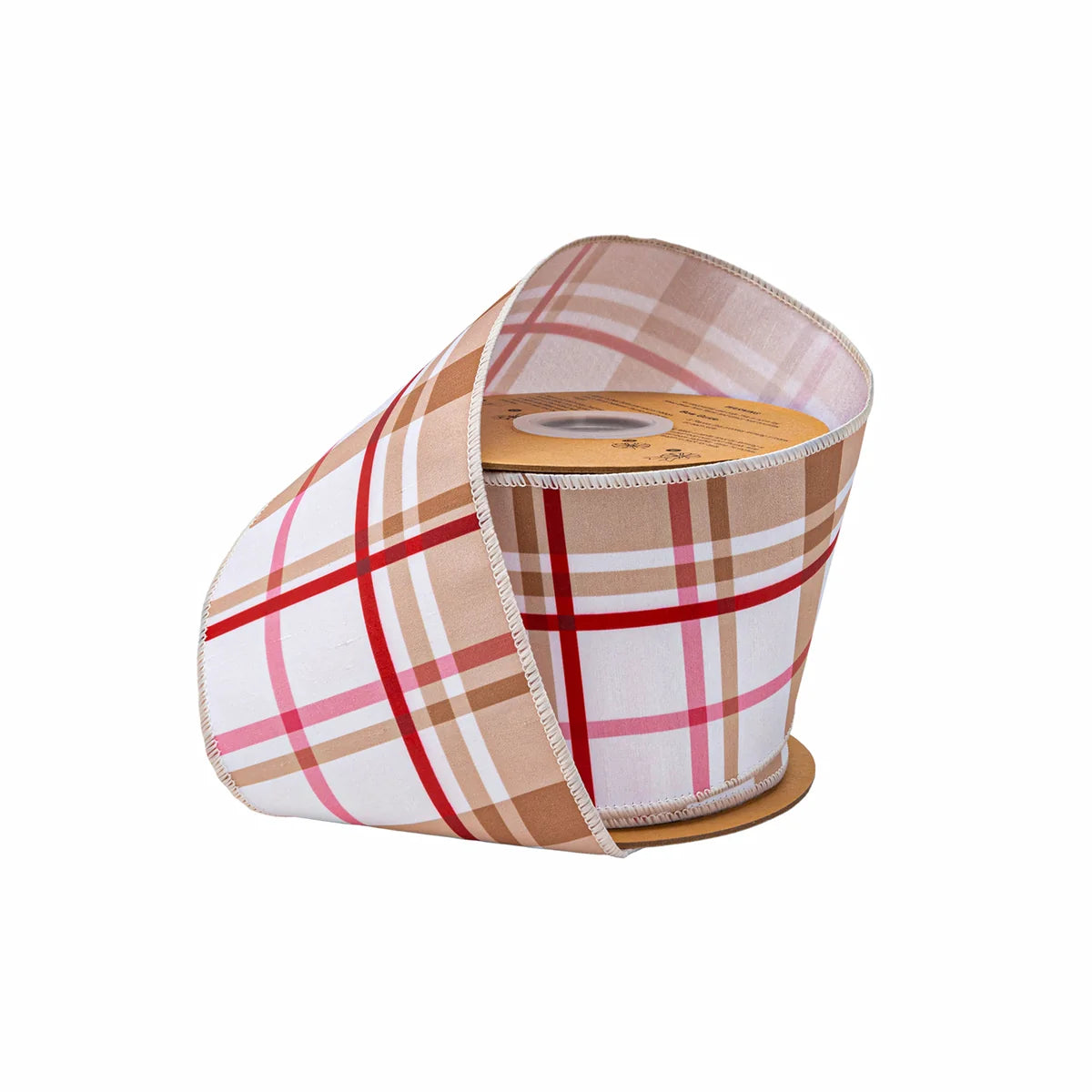 4"X10YDS DUPIONI GINGERBREAD PLAID W/ WHITE BACKING WIRED RIBBON