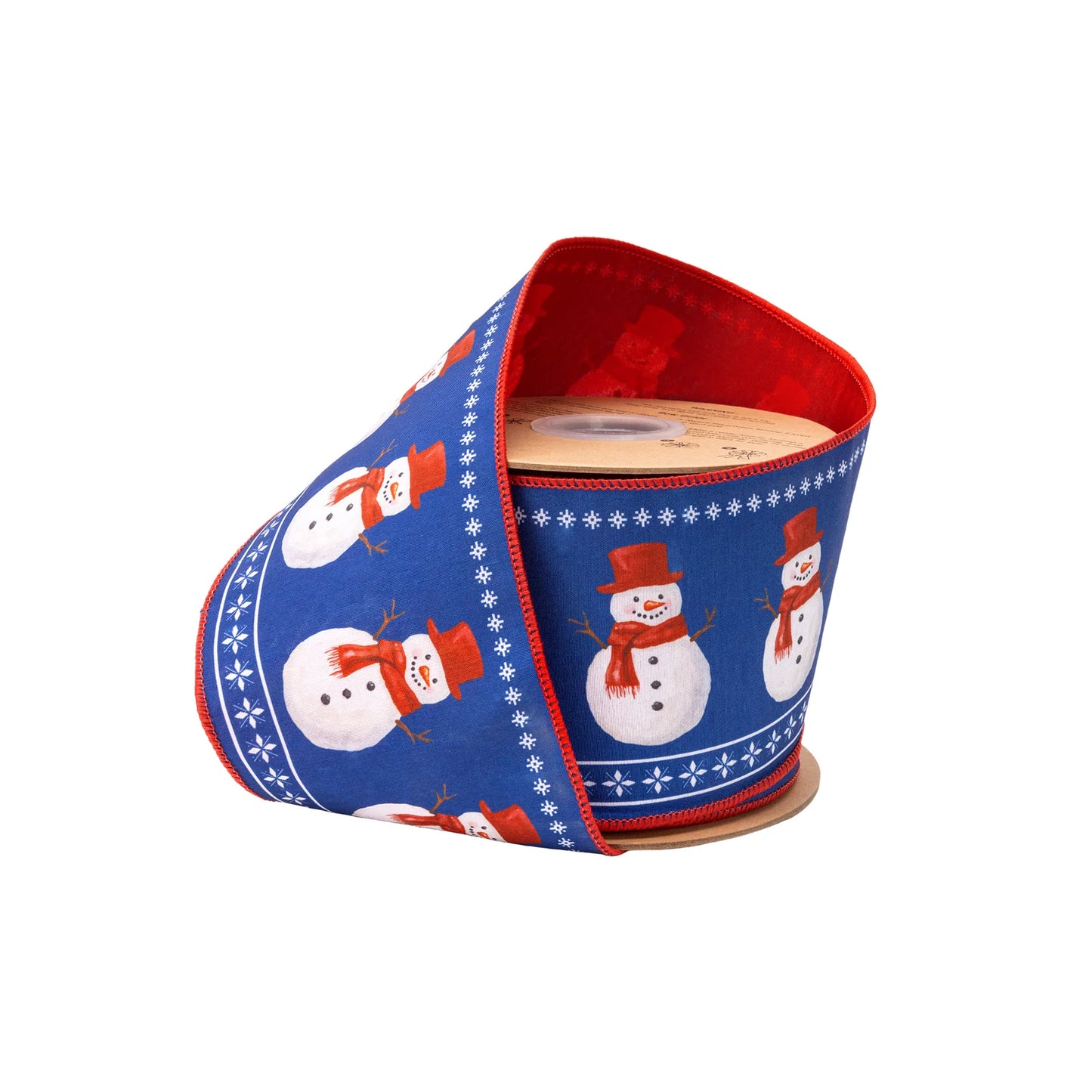 4"X10YDS DUPIONI RED SCARF SNOWMAN ON BLUE W/RED BACKING WIRED RIBBON