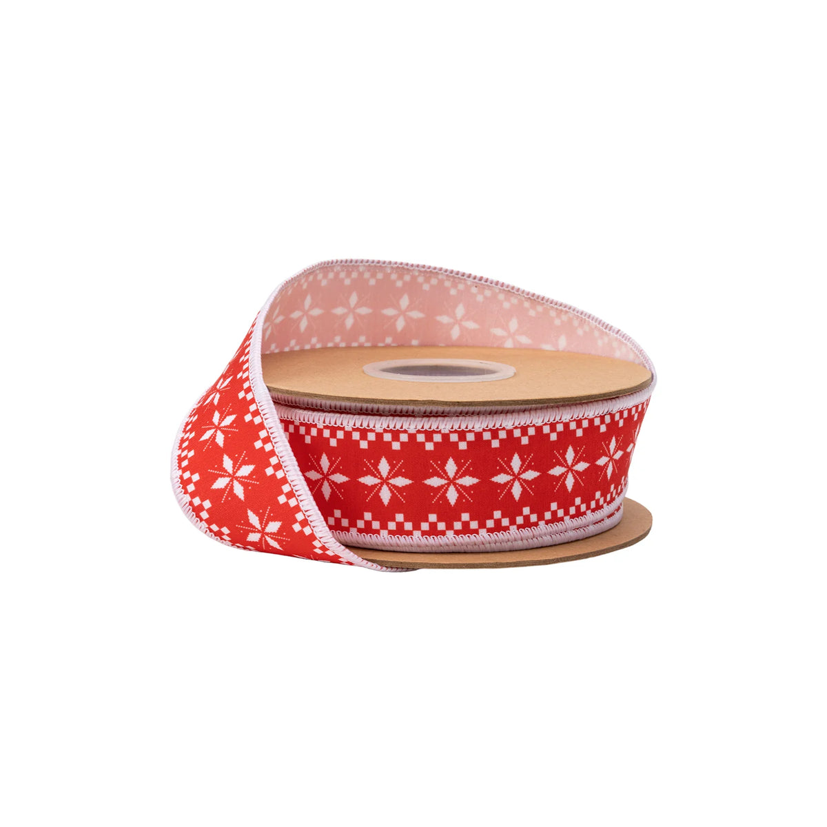 1.5"X 10YDS DUPIONI WHITE SWEATER PRINT ON RED W/ WHITE BACKING WIRED RIBBON