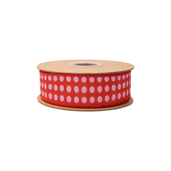 1.5"X 10YDS DUPIONI RED AND PINK POLKA DOTS W/ RED BACKING WIRED RIBBON