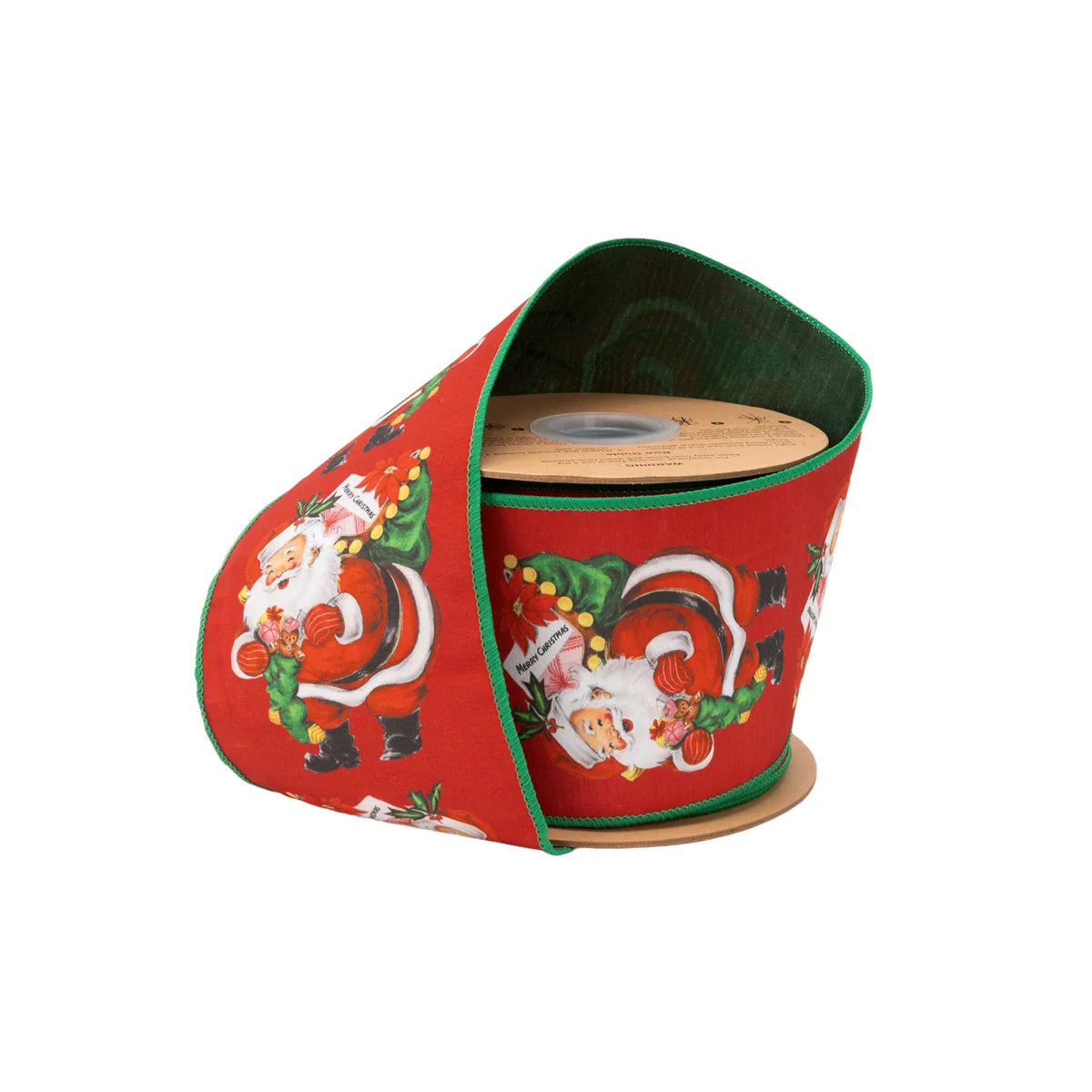 4"X10YDS DUPIONI RETRO SANTA W/ SACK W/ GREEN BACKING WIRED RIBBON
