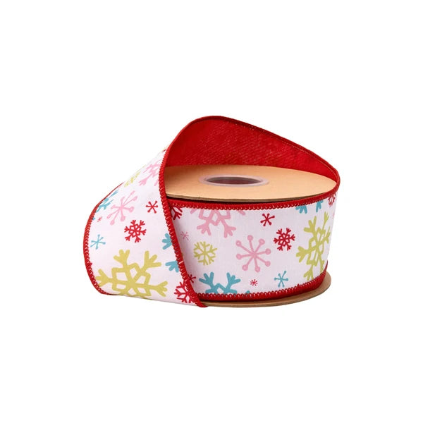 2.5"X10YDS DUPIONI MULTI COLORED SNOWFLAKES ON WHITE W/ RED BACKING WIRED RIBBON