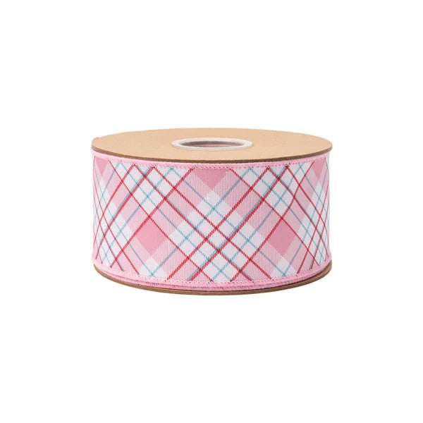 2.5"X10YDS DUPIONI PINK/RED/WHITE BIAS PLAID W/ PINK BACKING WIRED RIBBON