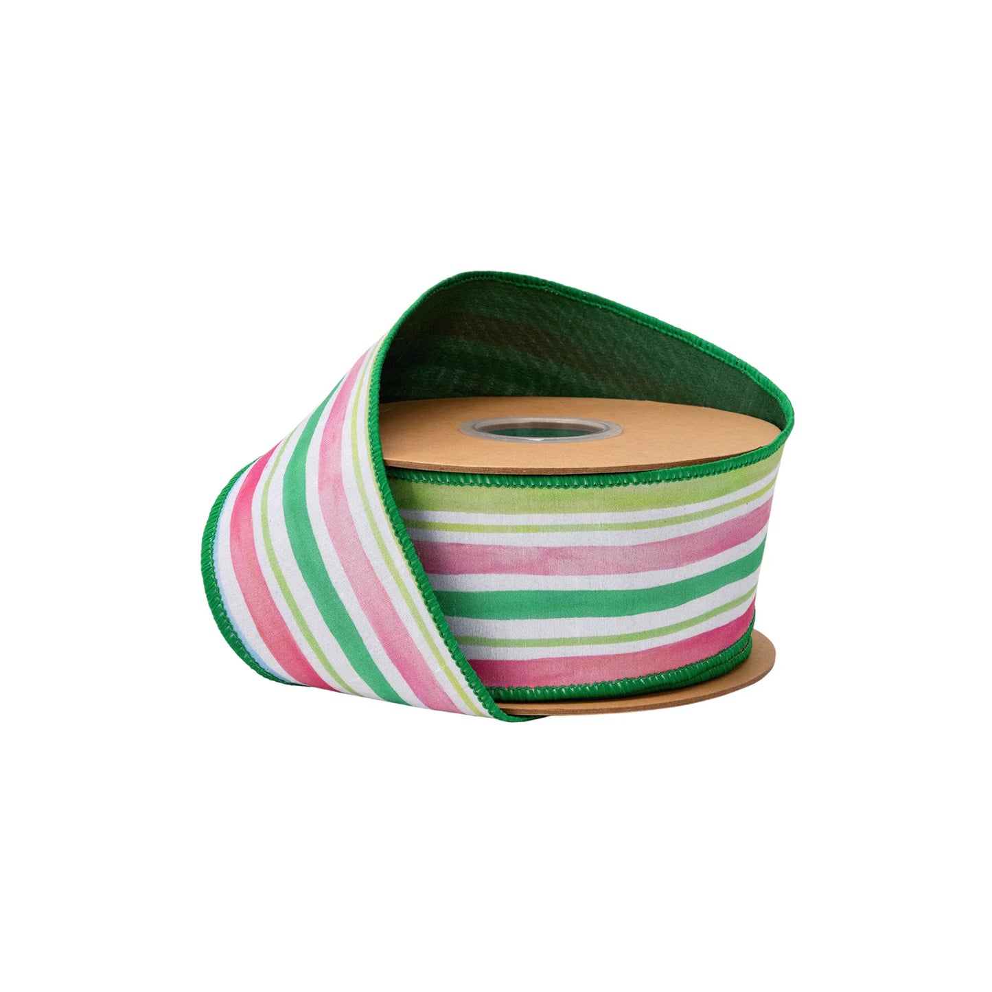 2.5"X10YDS DUPIONI PASTEL STRIPES W/ GREEN BACKING WIRED RIBBON