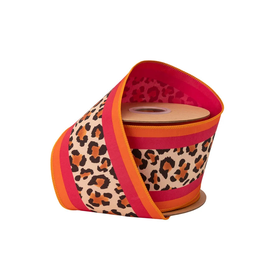 4"X10YDS DUPIONI ANIMAL PRINT CENTER W/ PINK/ORANGE STRIPE W/ PINK BACKING WIRED RIBBON