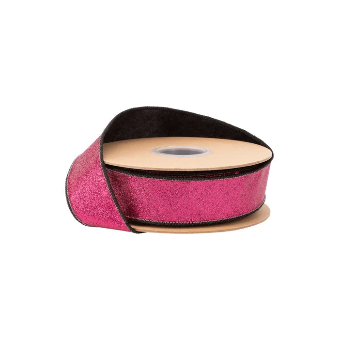 1 1/2" x 10YDS Wired Velvet Ribbon I Black wt Hot Pink Glitter Backing