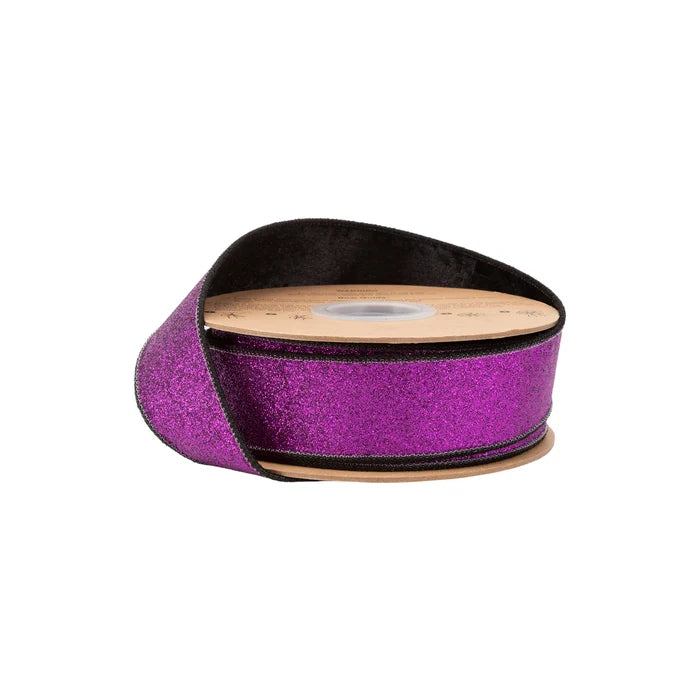 1 1/2" x 10YDS Wired Velvet Ribbon I Black wl Purple Glitter Backing