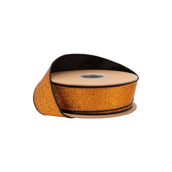1 1/2" x 10YDS Wired Velvet Ribbon I Black wl Orange Glitter Backing