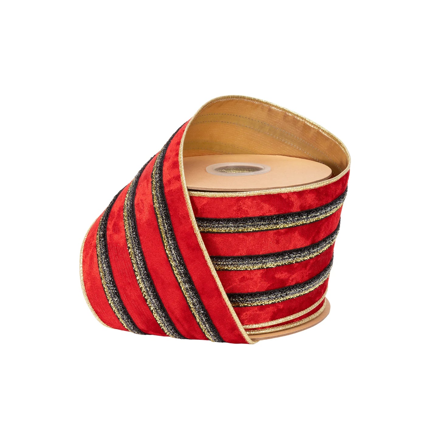 4"X10YDS VELVET RED W/ BLACK/GOLD METALLIC TRIM W/ GOLD BACKING WIRED RIBBON