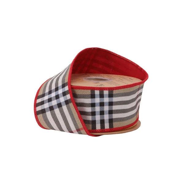 2.5"X10YDS DUPIONI BEIGE FASHION PLAID W/ RED FUSED BACKING WIRED RIBBON