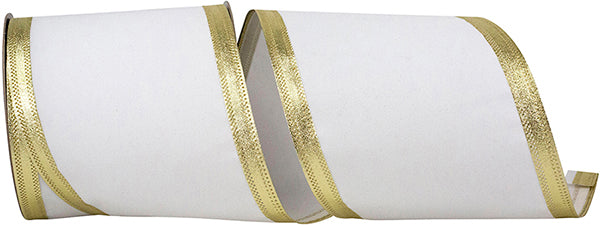 6" X 20 YARDS VELVET DYNASTY RIBBON WHITE/GOLD Wired Ribbon - Burlap and Bling Decor