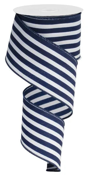 2.5"X10YD VERTICAL STRIPE WHITE/NAVY BLUE WIRED RIBBON - Burlap and Bling Decor
