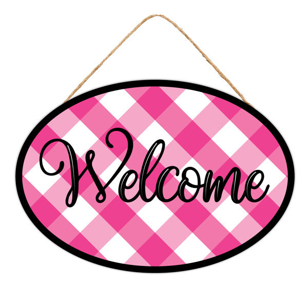 15"L X 10.35"H OVAL PLAID WELCOME SIGN HOT PINK/BLACK/WHITE