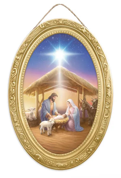 13"H X 9"L HOLY FAMILY NATIVITY SIGN - Burlap and Bling Decor