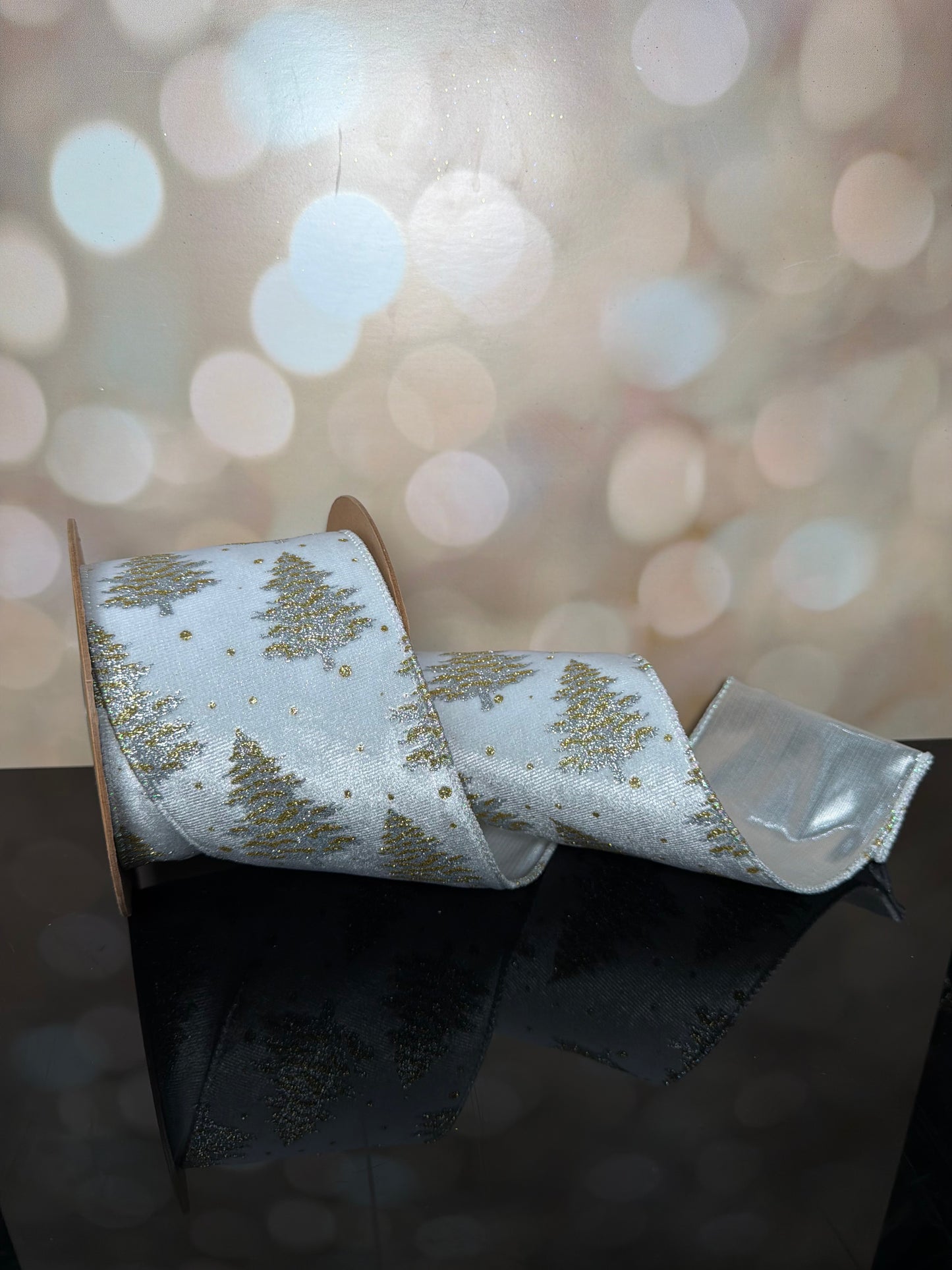 4" x 10 yards Gold/Silver Trees on White with Silver Backing Wired Ribbon