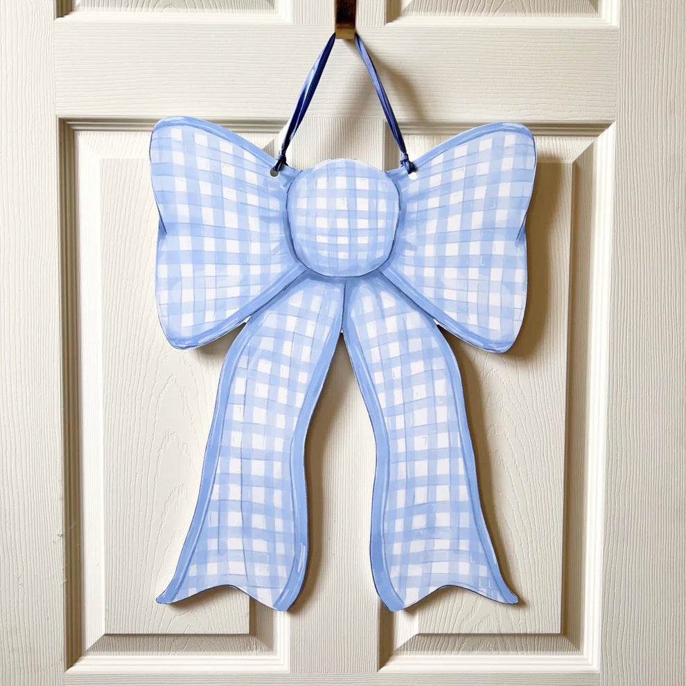 Blue Gingham Bow Door Hanger - New Baby Coquette Trend - Burlap and Bling Decor