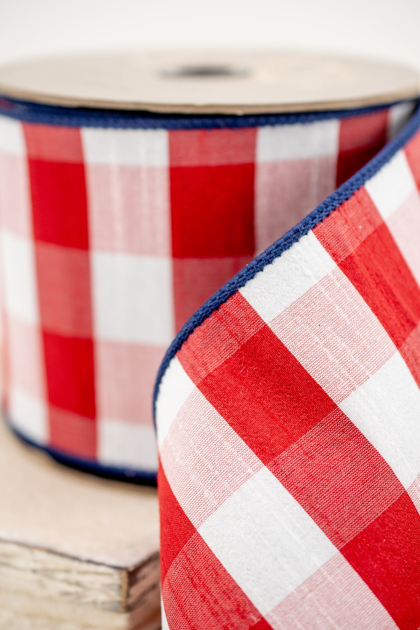 4" x 10yds faux dupion check navy blue back, red-white - Burlap and Bling Decor